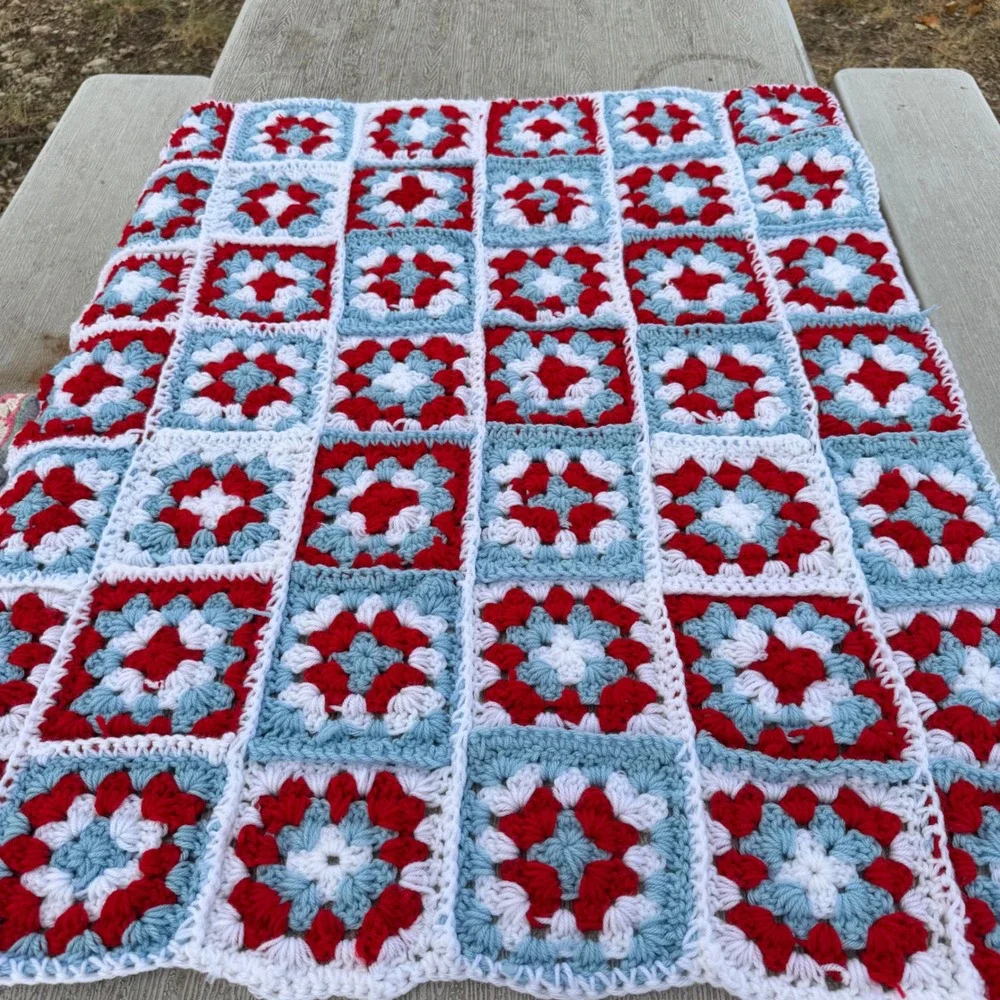Handmade Crochet Granny Square Blanket Red White Blue Throw 39x33 Cottagecore
